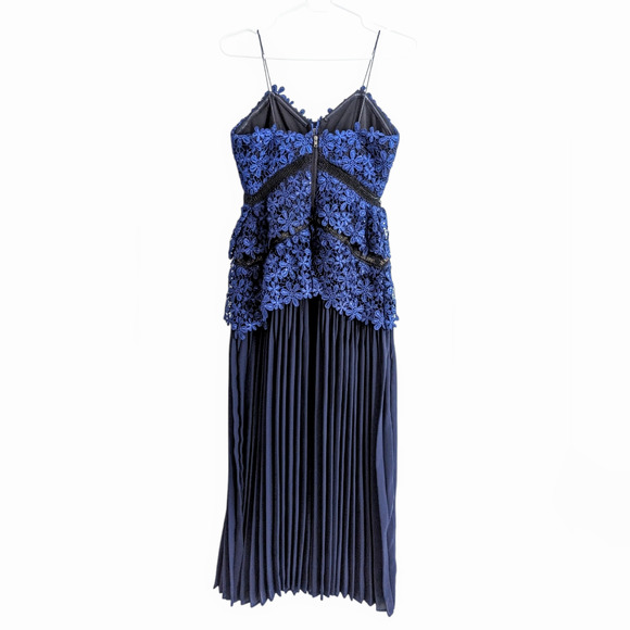 Self-Portrait Lace Double Peplum Tiered Pleated Navy Blue Midi Dress Size 2 - Picture 3 of 11